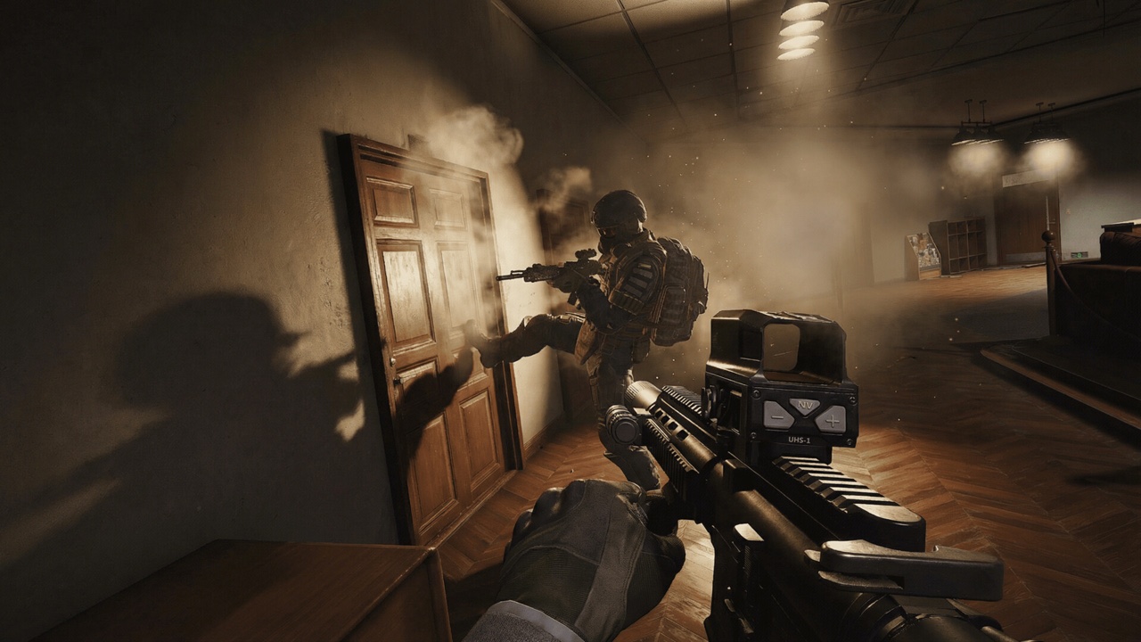 Close-quarters combat during an indoor room breach — the kind of tight, high-stakes fight typical of interiors like TV Station.