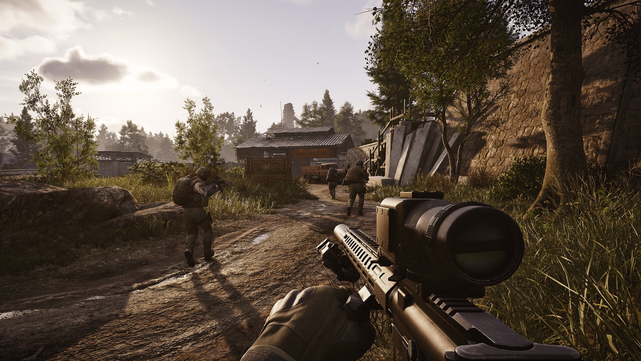 Scoping a distant vehicle through a rain-streaked optic — the long sightlines that reward semi-auto, precise shooting on open maps.