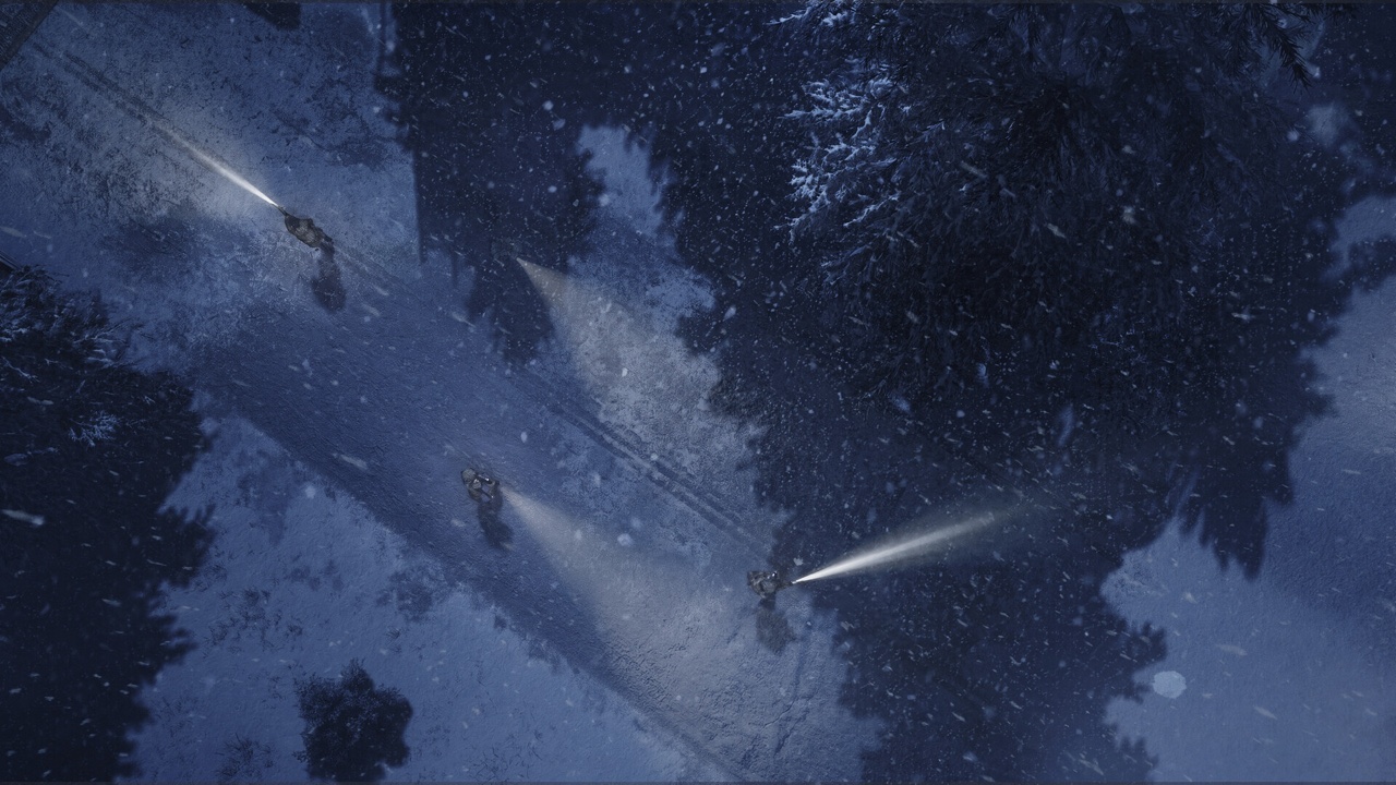 Operators moving through a snowy forest at night, weapon flashlights cutting the dark — atmosphere and low visibility define many raids.